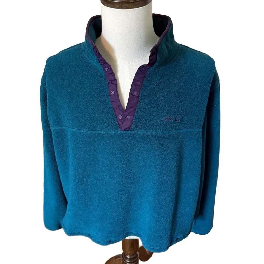 Vintage L.L. Bean Script Logo Snap Button Fleece Pullover Teal Turquoise